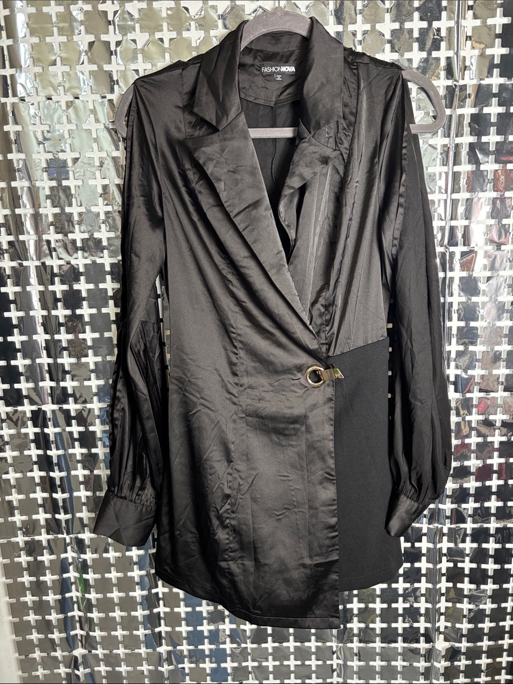 Fashion Nova Black Satin Wrap-Style Blazer with Buckle Detail